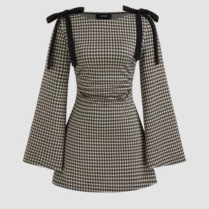 NWT CIDER COTTON BLEND KNIT BOAT GINGHAM Long Sleeve Dress WITH BOW DETAIL